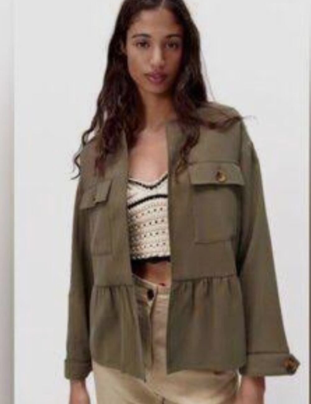 Zara Utility Jacket Khaki Green Button Front Pockets Size XS Bottom Ruffle